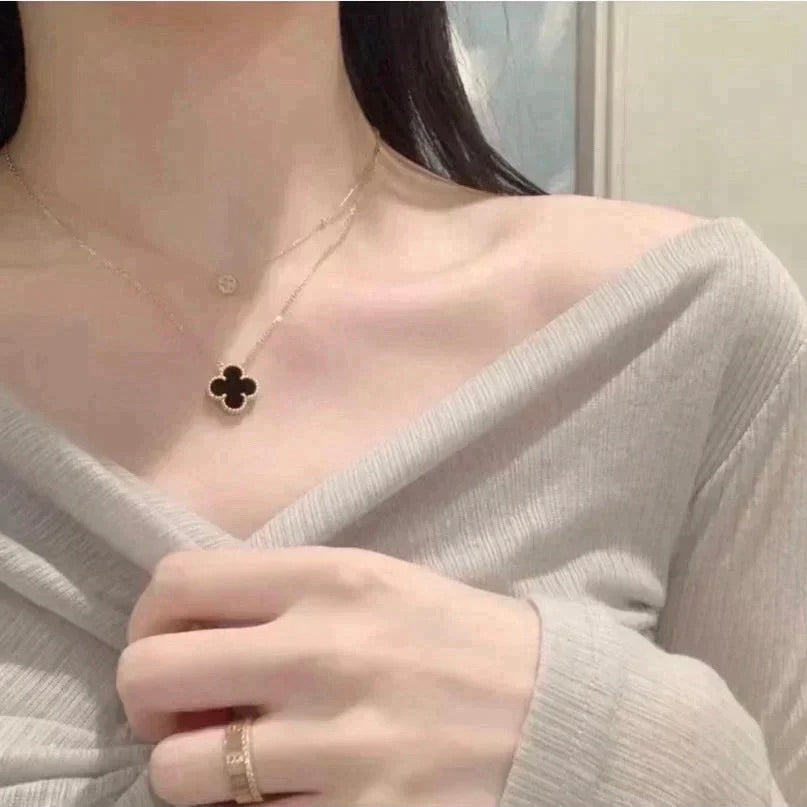 [Eternal Jewelry]CLOVER 15MM BLACK ONYX SINGLE FLOWER NECKLACE