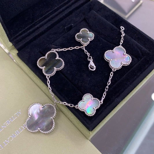 [Eternal Jewelry]CLOVER 5 MOTIFS SIVLER DARK MOP BRACELET
