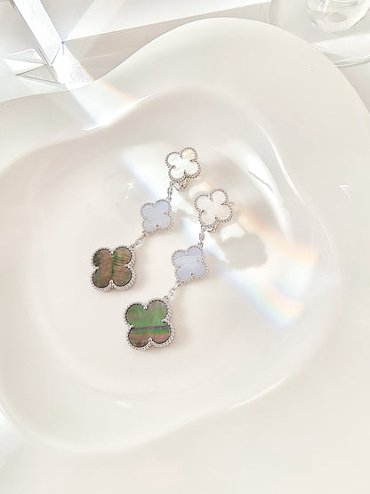 [Eternal Jewelry]CLOVER 3 MOTIFS CHALCEDONY DARK MOP SILVER EARRINGS