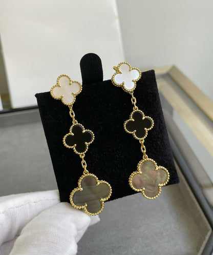 [Eternal Jewelry]CLOVER 3 MOTIF MOP ONYX DARK MOP PINK GOLD EARRINGS