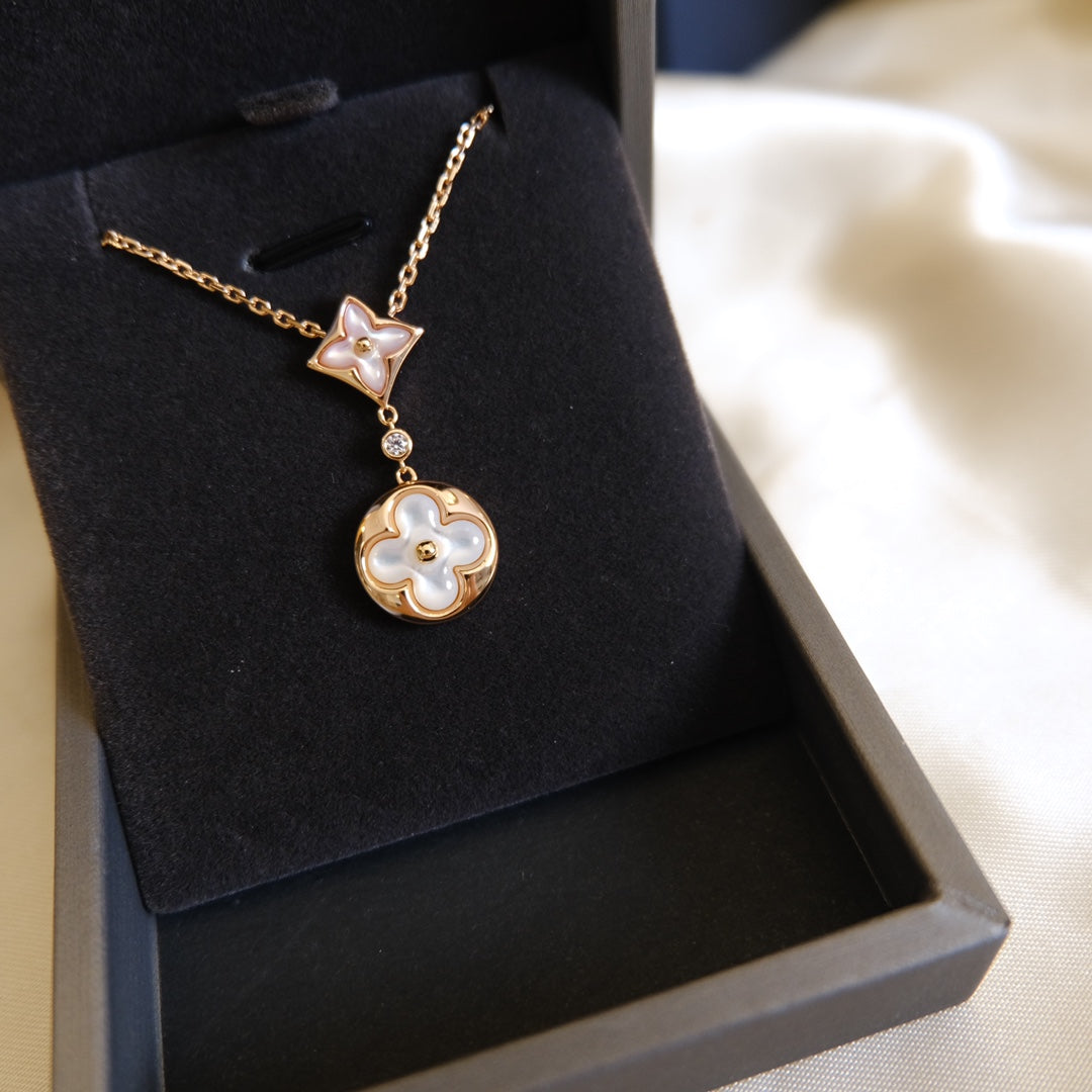 [Eternal Jewelry]STAR AND SUN WHITE MOP 2 MOTIF PINK GOLD NECKLACE