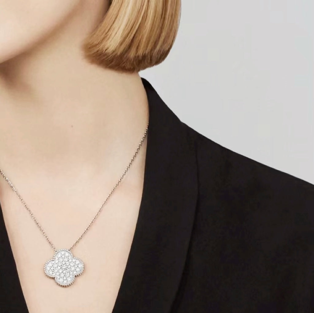 [Eternal Jewelry]CLOVER 25MM LARGE PENDANT DIAMOND PAVED SILVER NECKLACE