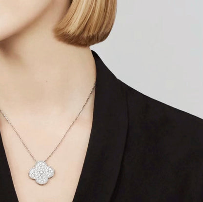 [Eternal Jewelry]CLOVER 25MM LARGE PENDANT DIAMOND PAVED SILVER NECKLACE
