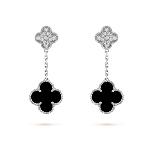 [Eternal Jewelry]CLOVER 2 MOTIFS  DIAMOND ONYX EARRINGS SILVER