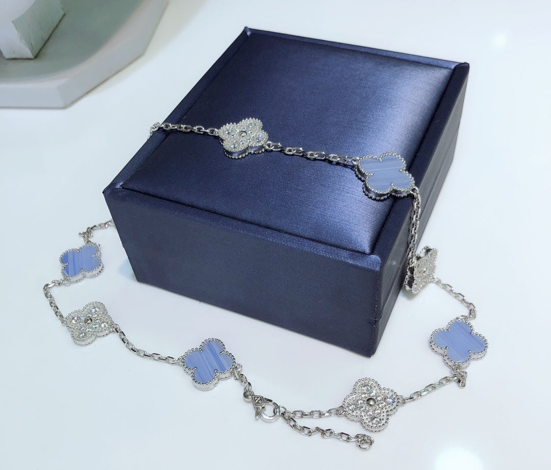 [Eternal Jewelry]CLOVER 10 MOTIFS CHALCEDONY DIAMONDS SILVER NECKLACE